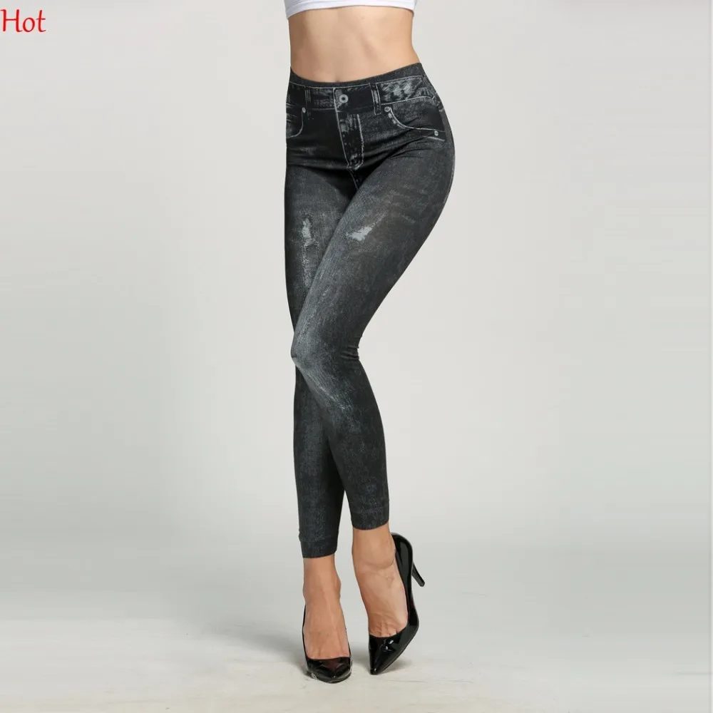 Faux Jean Ripped Trousers Fashion Stretchy Legging Women Sexy Leggins