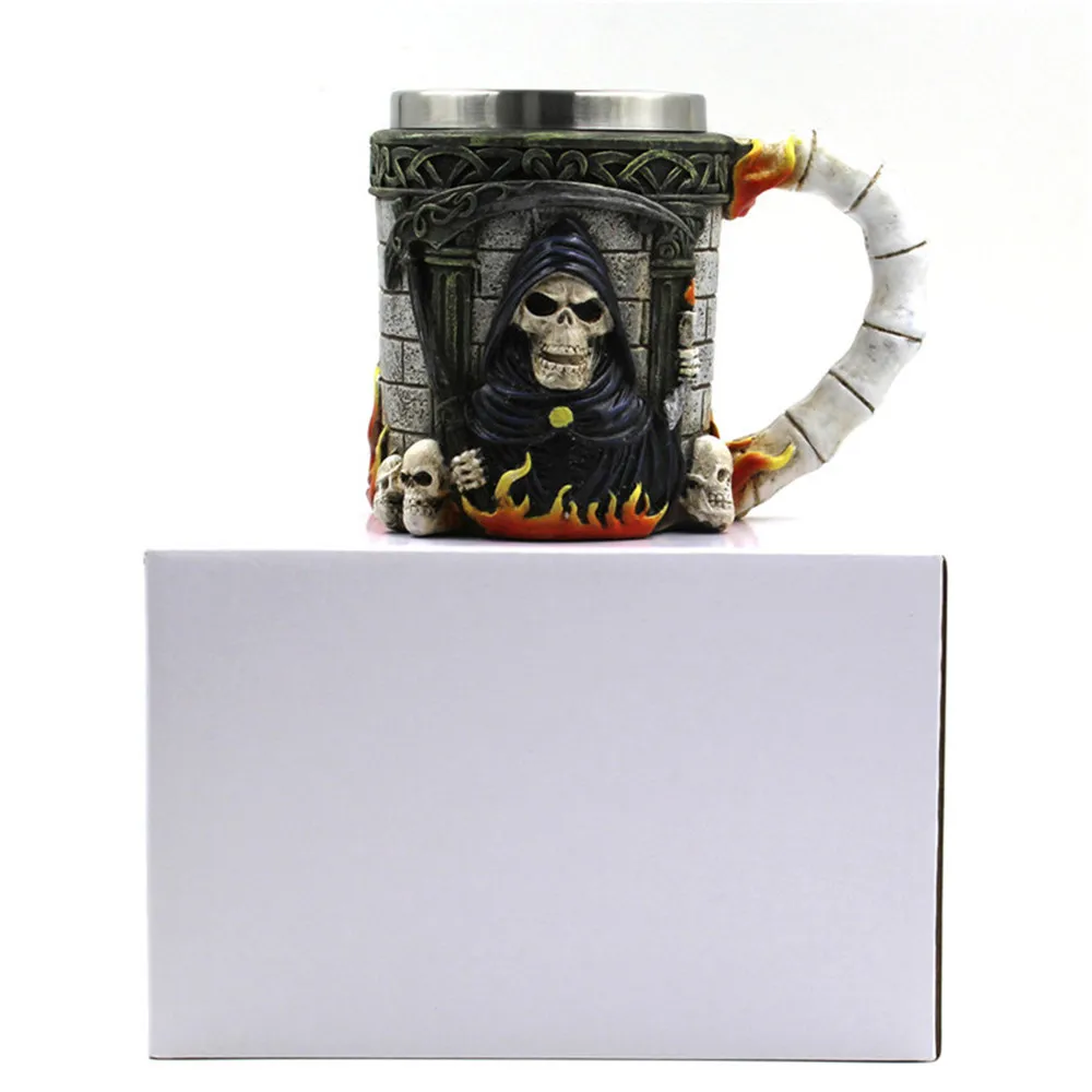 HSU Hot Sale Cup 3D Coffee Mug Resin Tankard Viking Skull Death Double Wall Christmas Cup vasos de acero inoxidable