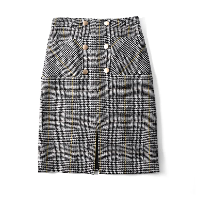 Plaid Falda Doble Nuevo Mujeres Lápiz Elegante Faldas Oficina 2018 E De Chart Invierno See Breasted Lana Las Otoño RgItqw