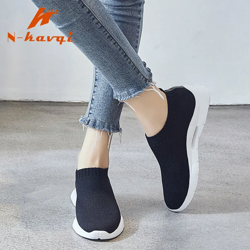 

NKAVQI Summer Women Knitting Sneakers Female Breathable Sock Stretch Flat Ladies Shoes Female Leisure Flats Espadrilles 2019