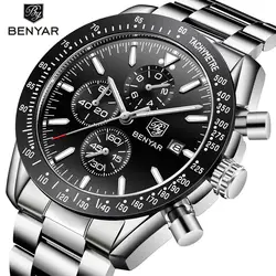 Для мужчин часы BENYAR Повседневное Мода Полный Сталь кварца лучший бренд класса люкс часы Для мужчин Водонепроницаемый спортивные часы Relogio