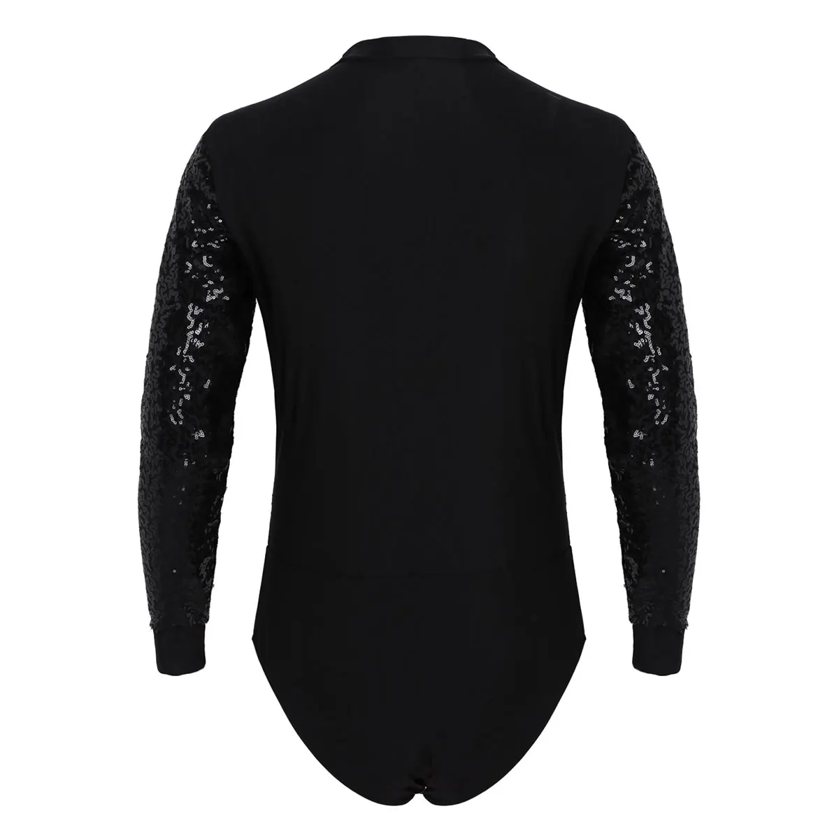 Men Leotard Ballet Bodysuit One piece Shiny Sequins V Neck Long Sleeves High Cut Dance Shirt Short Unitards Leotard Bodysuit