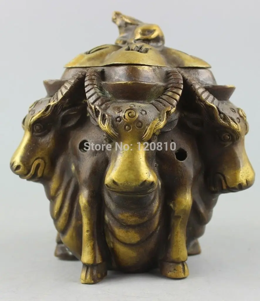 

Collectible Decorated Old Handwork Copper Carved Six cattle Incense Burner statue
