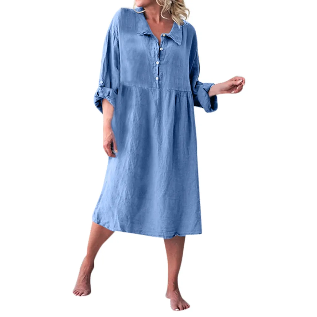 

Loose summer clothes for women Linen elegant dress Long Sleeve Collar Buttoned dresses summer 2019 sukienka vestidos robe #G6