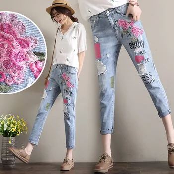 

32 plus big size denim jeans panty women spring summer style 2017 hole print jeans embroidery fashion haroun pants female A3566