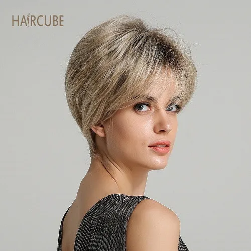 Haircube 6 дюймов синтетический парик для косплея короткие волнистые 50% человеческие волосы пушистые натуральные серебристо-серые парики для матери с челкой для женщин - Цвет: WM3043-R4-1001