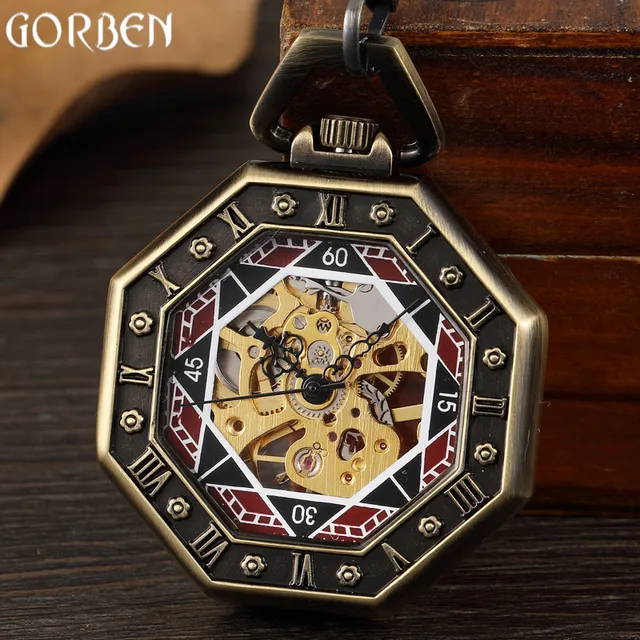Retro Unique Hexagonal Roman Number Pocket Watch FOB Chain Steampunk Poker New S Retro Unique Hexagonal Roman Number Pocket Watch FOB Chain Steampunk Poker New S
