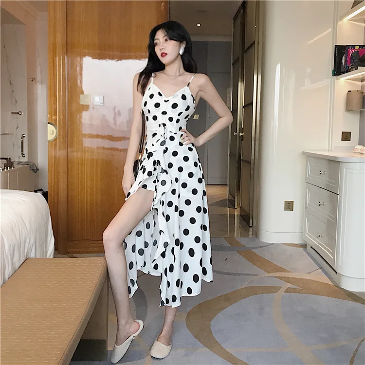 

French fu gu qun Spring 2019 a Female Slit Ruffle Trim a Word Dress Polka Dot Long Dress Child Tide