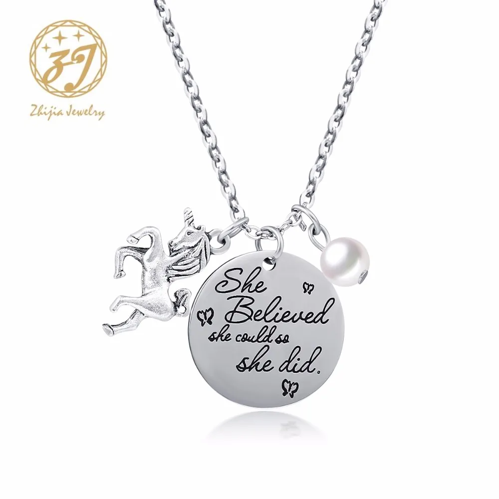 

Zhijia Jewelry 316L Stainless Steel Letter Tag Necklace"She Believed She Could So She Did"With Horse And Pearl Pendant Free Ship