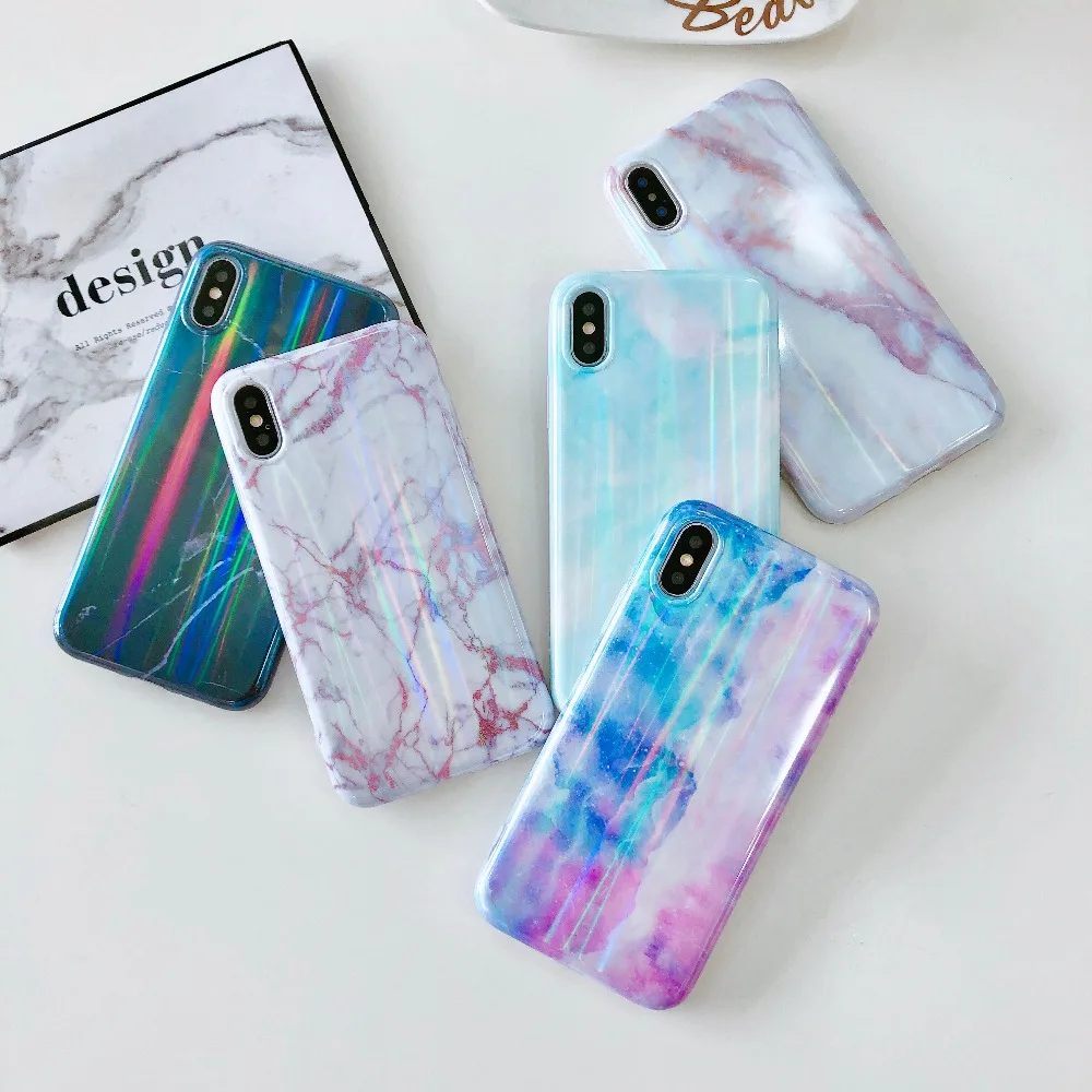 Case For iPhone X Xr Xs Max Cover Korean Laser Marble Skin Soft TPU Girly  (1)