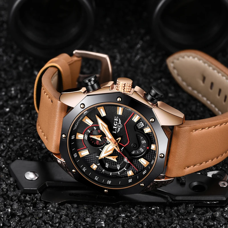 LIGE Mens Watches Top Brand Luxury Men's Casual Sports Watch Men Leather Waterproof Quartz Gold Watch Relogio Masculino