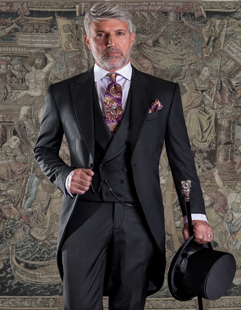 Black Groom Suit In Striped Fabric With Matched Shawl Double breasted