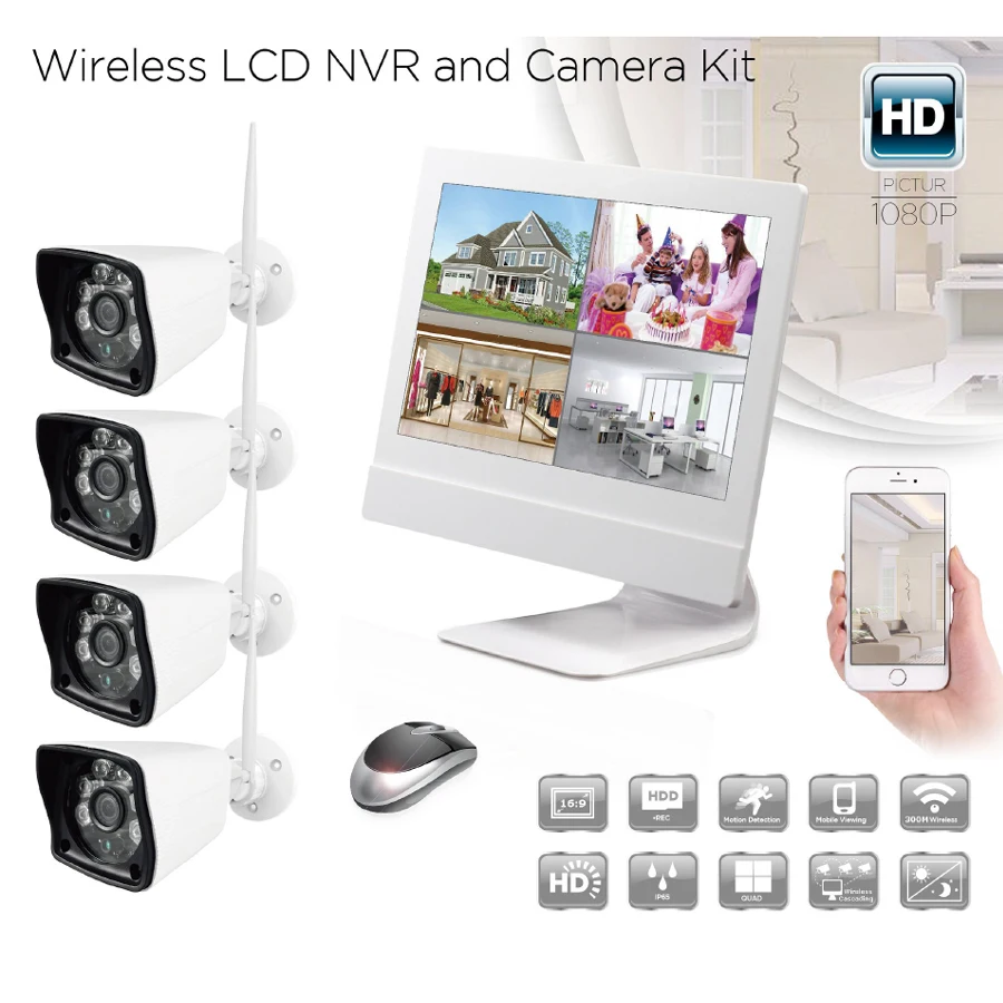 

2.4Ghz Wireless TFT LCD NVR Kit with 10.1inch Monitor for 4ch NVR Recorder Compatible with Doorbell & 4pcs 1080P Wireless Camera