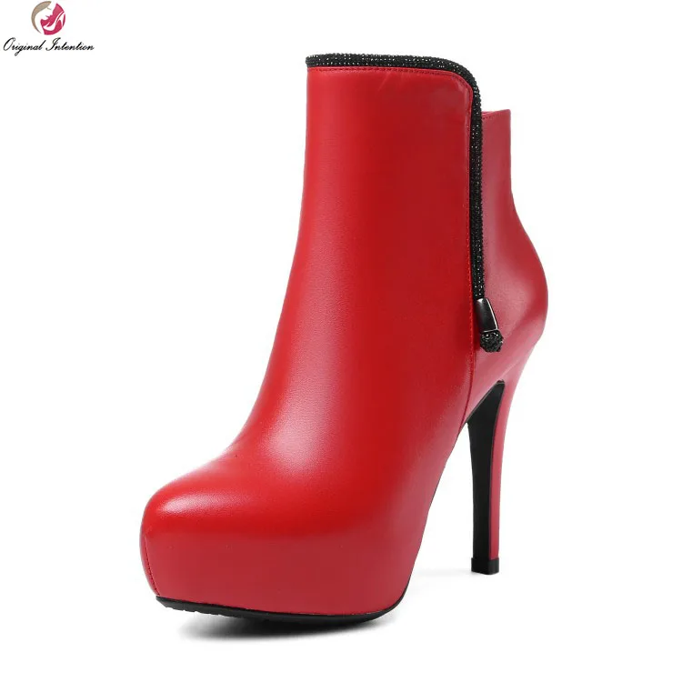 

Original Intention Stylish Women Ankle Boots Cow Leather Platform Round Toe Thin Heels Boots Black Red Shoes Woman US Size 4-8.5