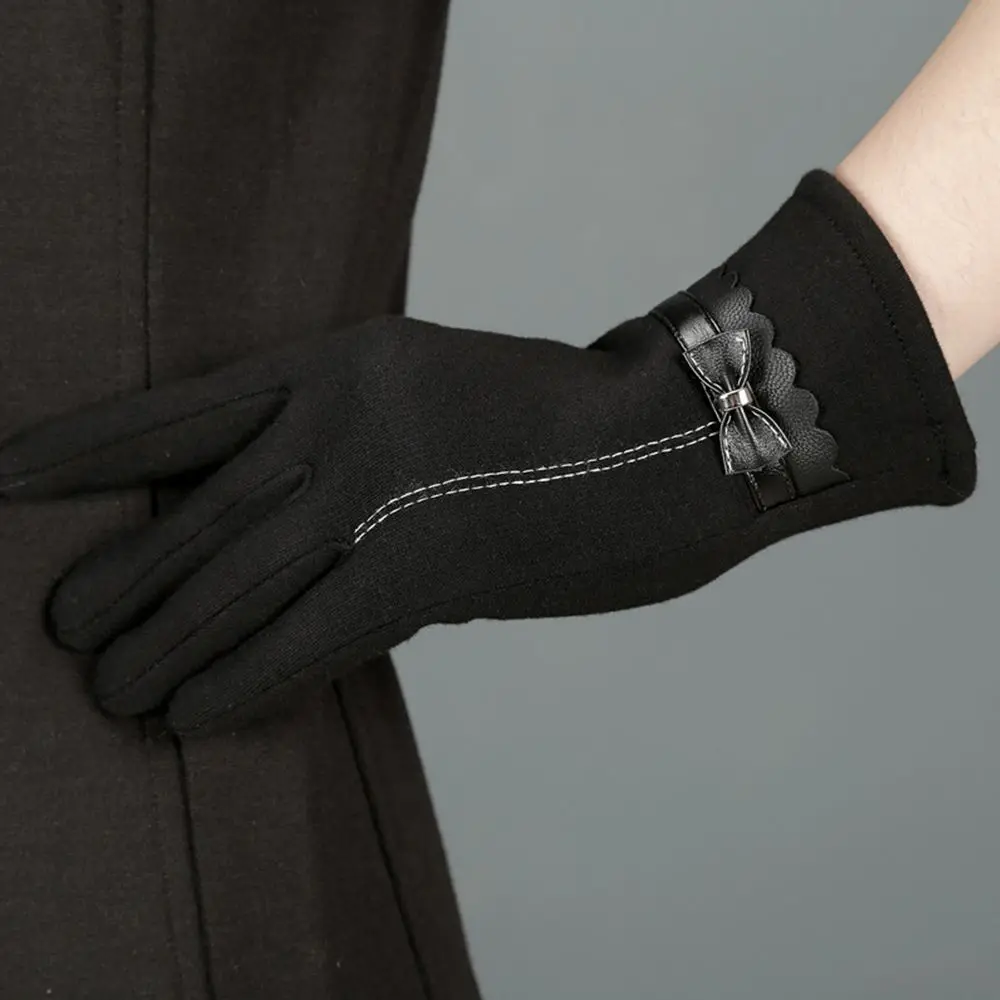 1 пара Модные Элегантные Перчатки с черным бантом Функция касания экрана рукавицы зимние теплые полный палец перчатки для женщин