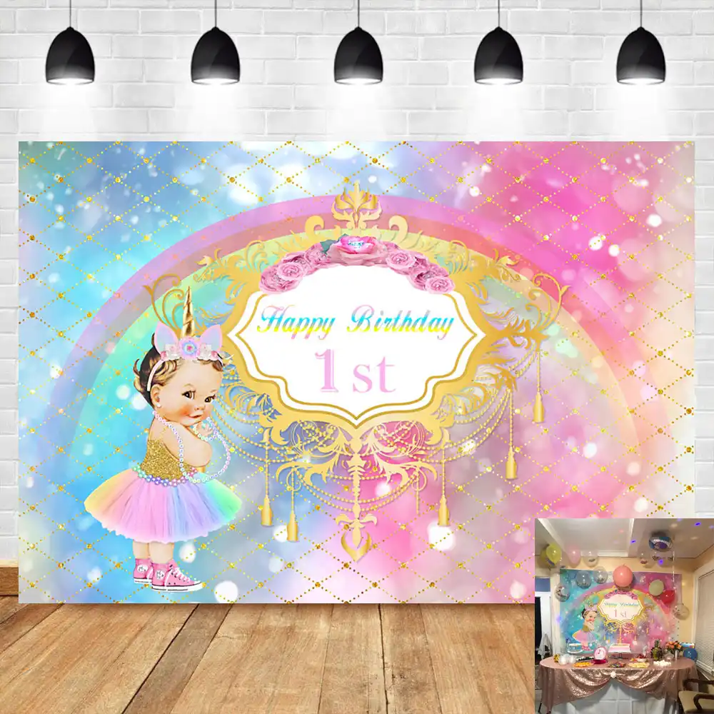 Neoback Royal Princess 1st Birthday Backdrop Little Unicorn Rainbow Glitter Girl S First Birthday Banner Photography Background Background Aliexpress