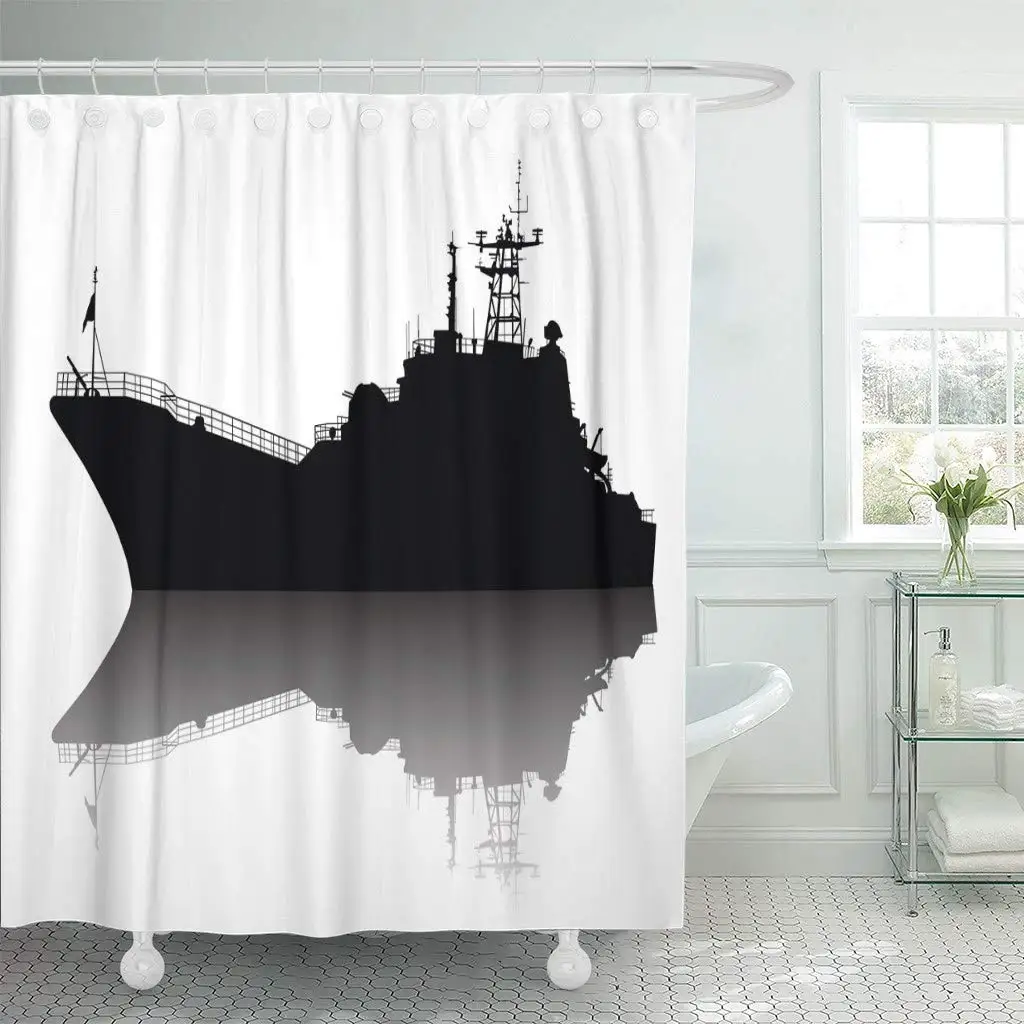 Fabric Shower Curtain Hooks Navy Naval Military Ship Silhouette