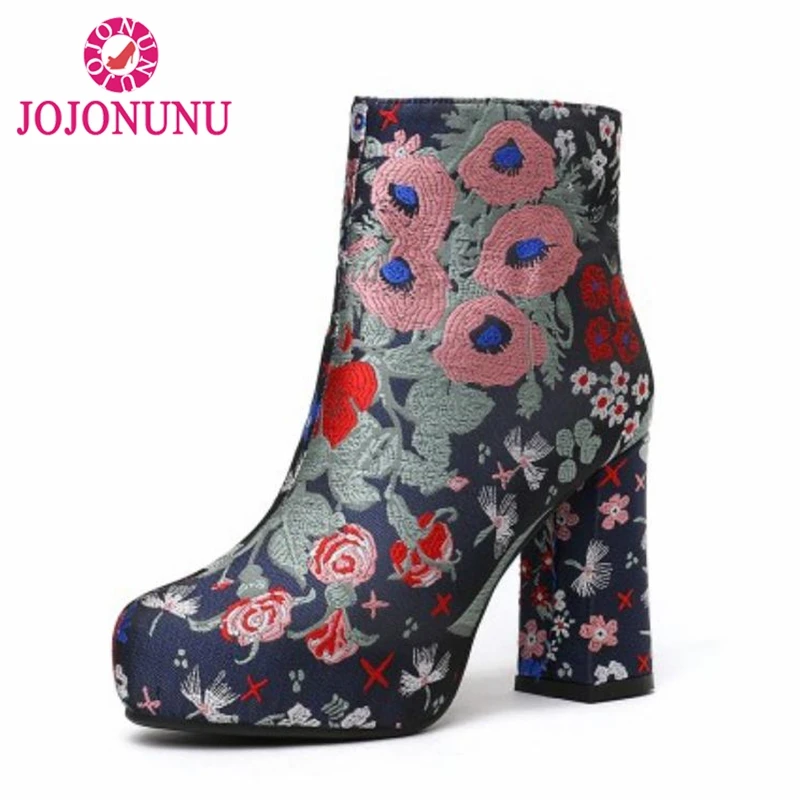 

JOJONUNU Size 34-43 Women Ankle Boots Platform Zipper Embroidery Women High Heel Boots Vintage Short Boots Women Shoes Footwear