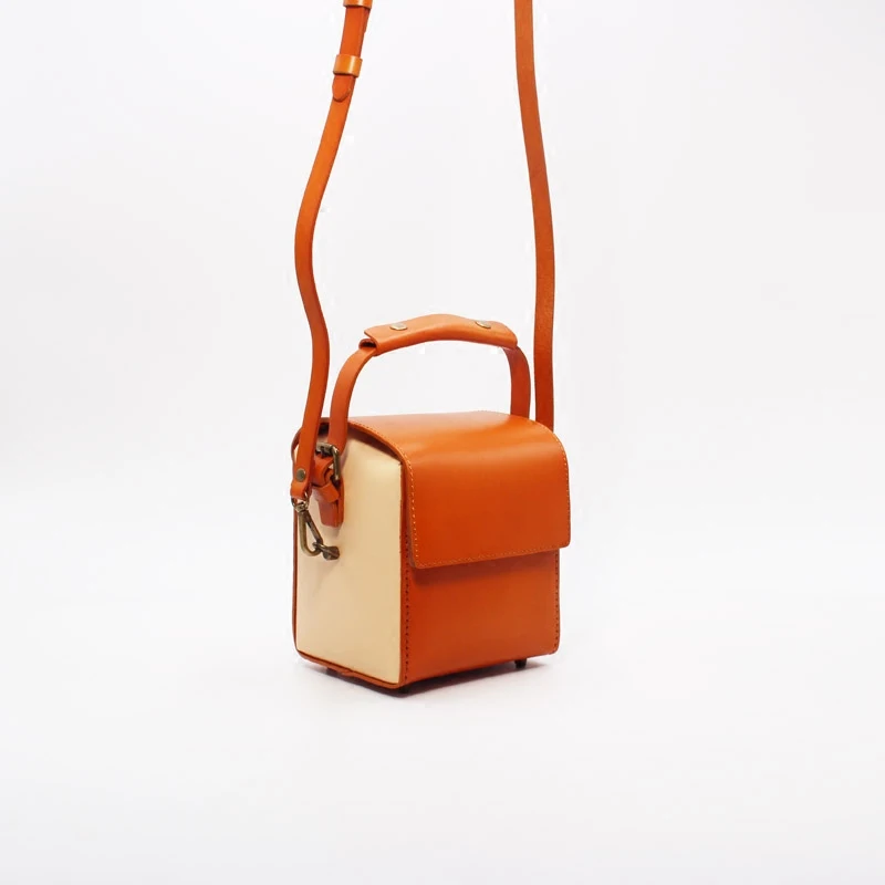 

Unique Japan Style Handmade Genuine Leather Women's Mini Box Purse Real Cow Skin Female Orange Handbag Lady Small Shoulder Bag