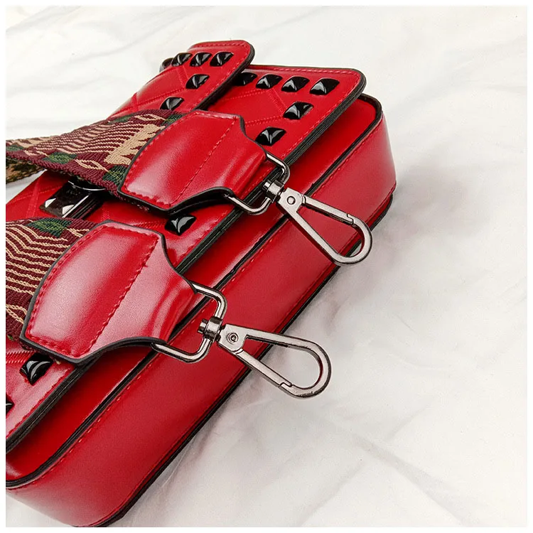 Women's Fashion Rivets Crossbody bag Luxury Brand PU leather Shoulder Bags Female Red Punk Style Wide Strap Street Handbag Purse (11)