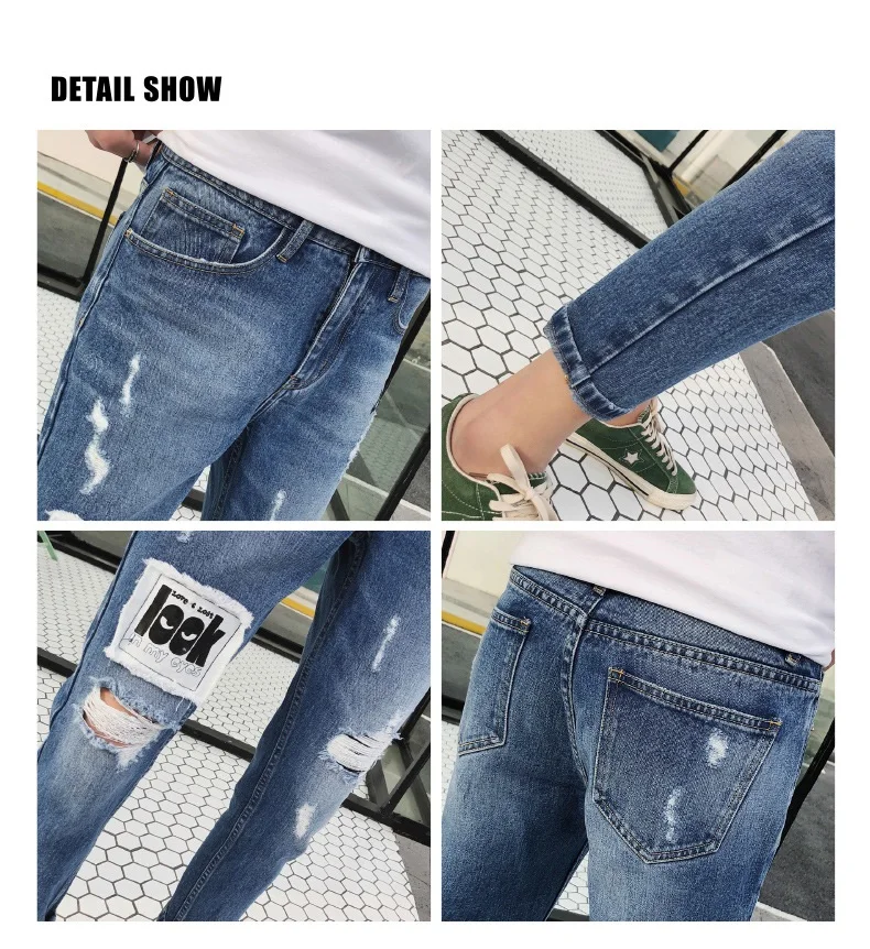 Синие джинсы рваные прямые джинсы Calcas Skini мужские летние Pantalon джинсы Hombre тонкие трендовые узкие джинсовые укороченные брюки
