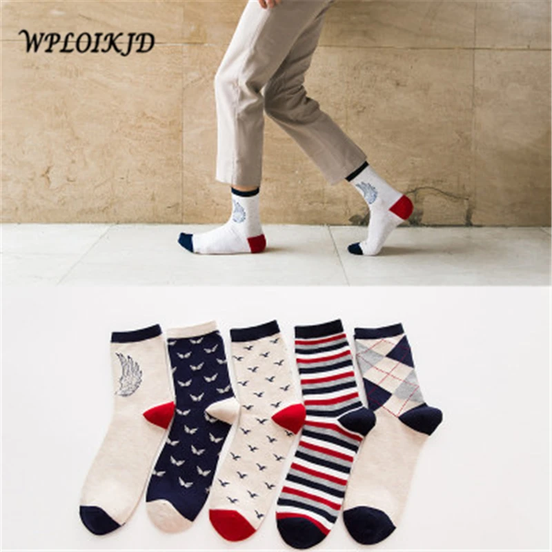

[WPLOIKJD]2018 New Fashion Stripe Print Happy Socks for Men Casual Warm Cotton British Style Funny Socks High Quality 5Pair