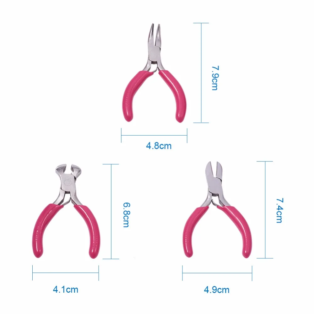Pandahall 6pcs/Bag Deep Pink Carbon Steel Jewelry Plier Sets Portable Beading Pliers DIY Tool Package Kit 70~80x40~52x6~9mm