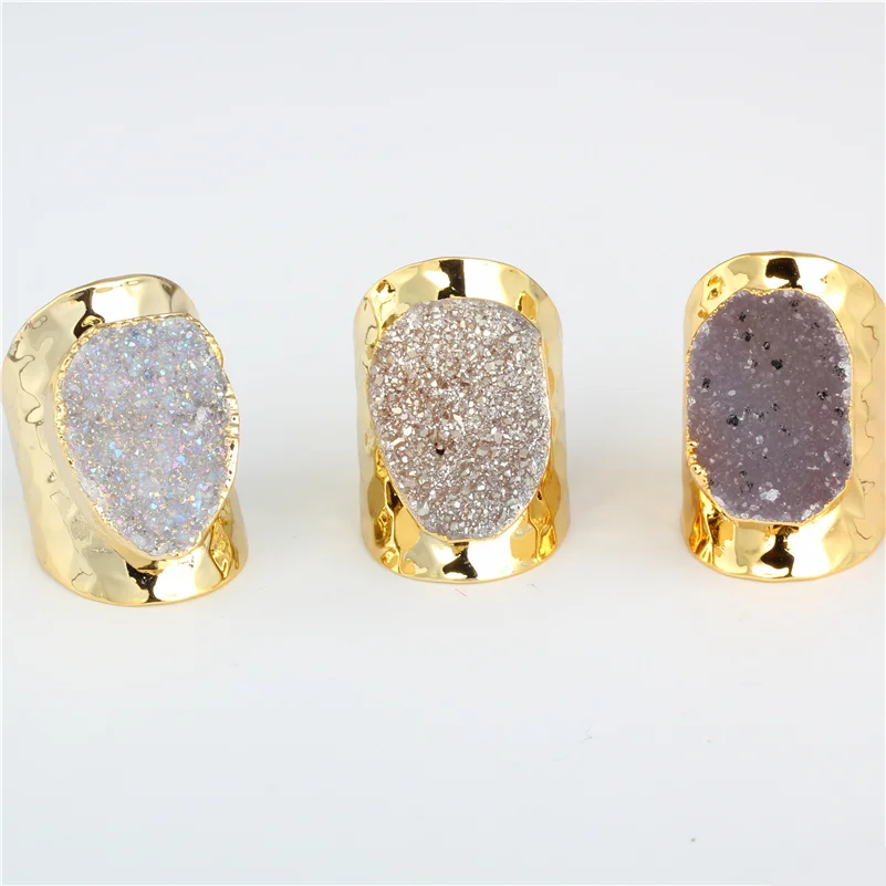 

Luxury Natural Foggy Grey Rough Druzy Crystal Semi Precious Stone Pure Gold Color Metal Base Hammered Open Ring Cuff For Women