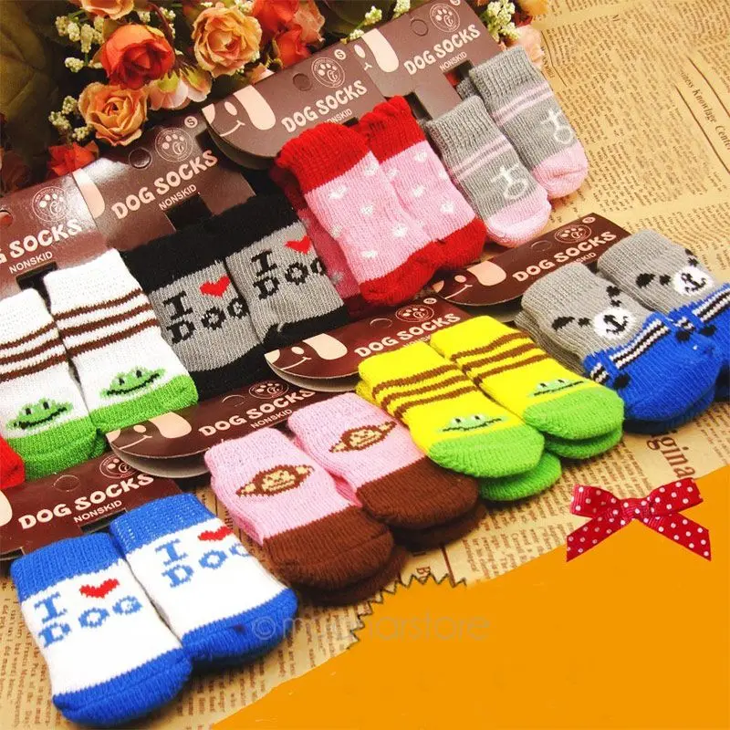 

2 Pairs Good quality cute red Pet Dog Soft Cotton Anti-slip Knit Weave Warm Skid Bottom Socks Drop shipping