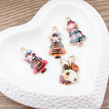 

New Style Color pattern Alloy drop oil gold-color Cartoon Girls/Rabbits Shape Jewelry Charms diy necklace/bracelet pendants