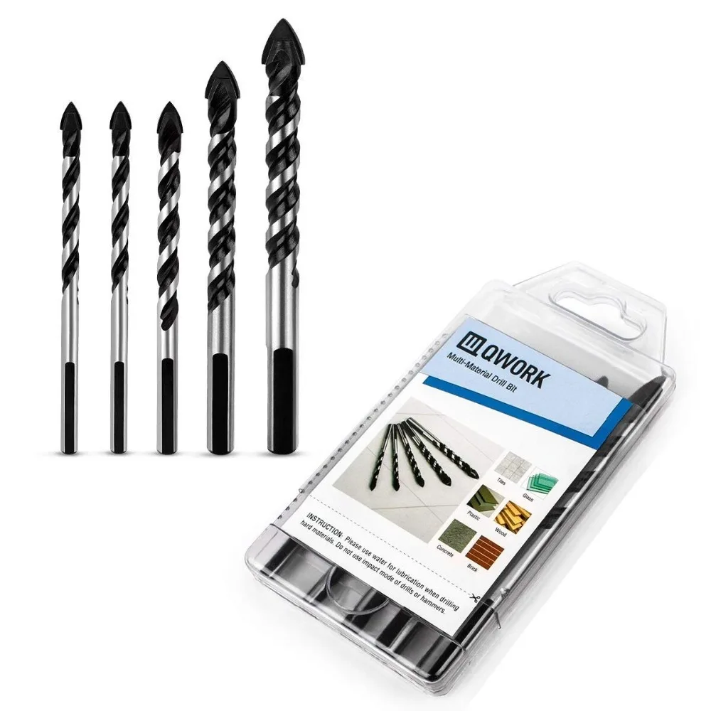 

QWORK 5Pcs (6,6,8,10,12mm) Multi-Material Drill Bit Set for Tile Concrete Brick Glass Plastic and Wood Tungsten Carbide Tip