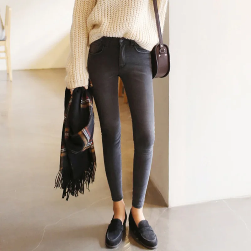 2020 thin waist jeans nine Korean female grey legging feet pencil pants 9 black women jeans