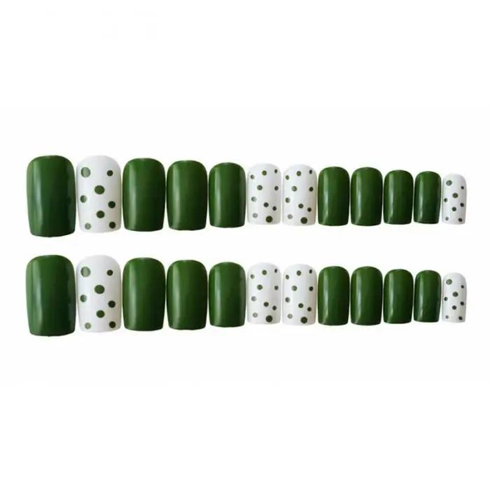 24Pcs Artificial nails with glue Cute Dot Design Green Short Square Artificial Full Cover Nail Tips Sweet Girls Faux Ongle DL