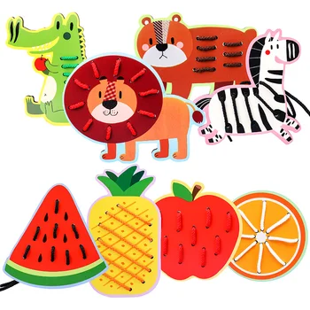 

4Pcs/lot Wooden Animals Fruit Threading Game Montessori Toys Early Education Wooden Desktop Toy Jigsaw Puzzles Game Dropshiping