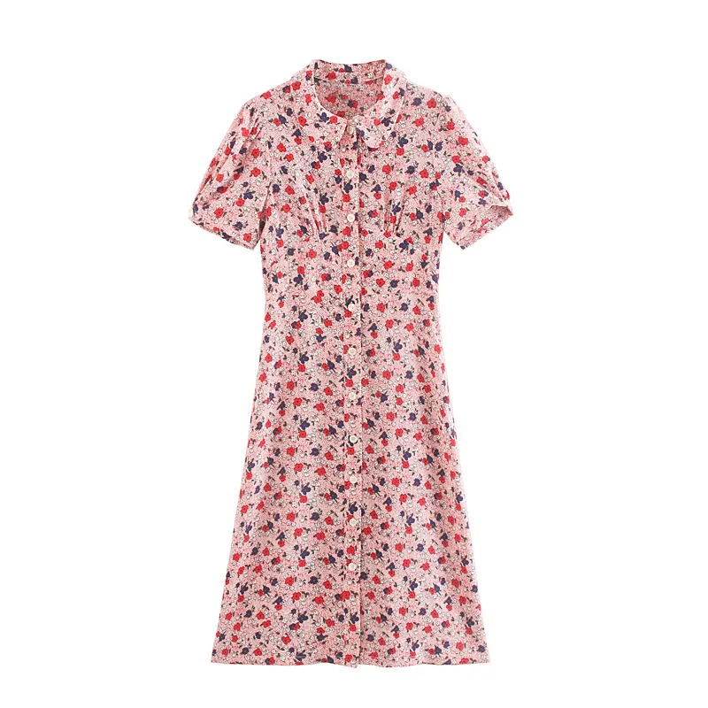 

QZ913 Summer Design Womens Pink Color Floral Print French Stylish Slim Mid Length Dress Vintage Buttons Vestido