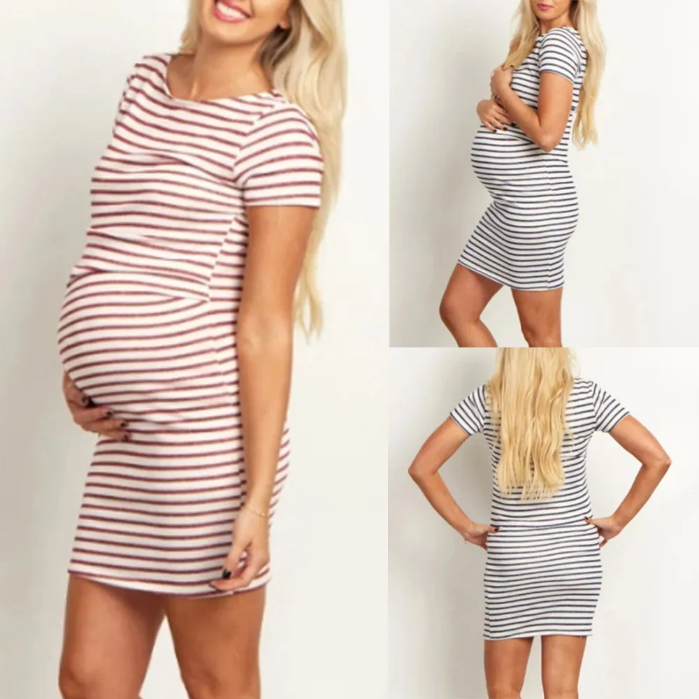 Casual Maternity Dress Pregnants Womens Clothings O Neck Striped Short ...