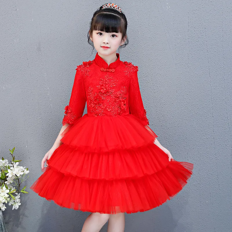 

2019 Autumn Winter Chinese Wind children girls princess red colors flowers birthday wedding puff dress piano show costumes dress