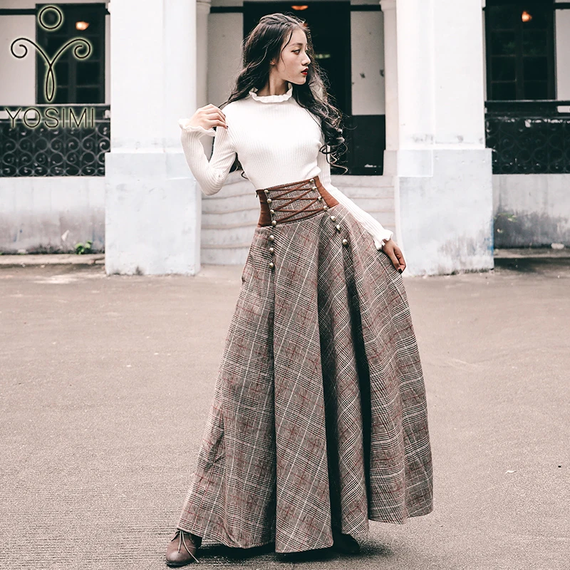 

YOSIMI 2019 Women Two-piece Set Full Sleeve Pullover Blouse+Woolen Plaid Skirt Suit Women Two Piece Outfits Vintage Long Dress