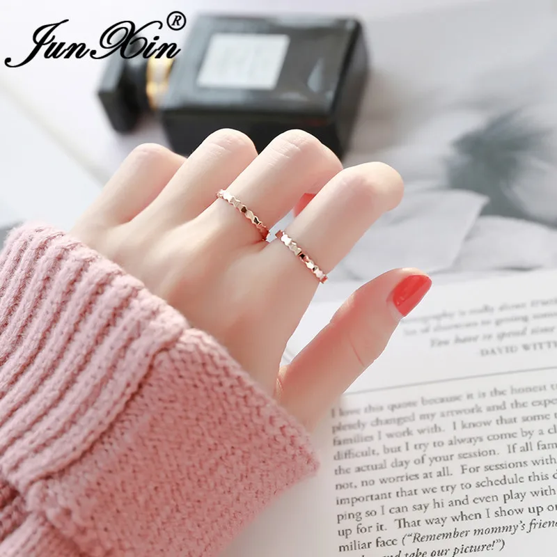 JUNXIN Female Stainless Steel Ring Rose Gold Color Fashion Stacking Joint Rings For Women Wedding Thin Ring Minimalist Jewelry