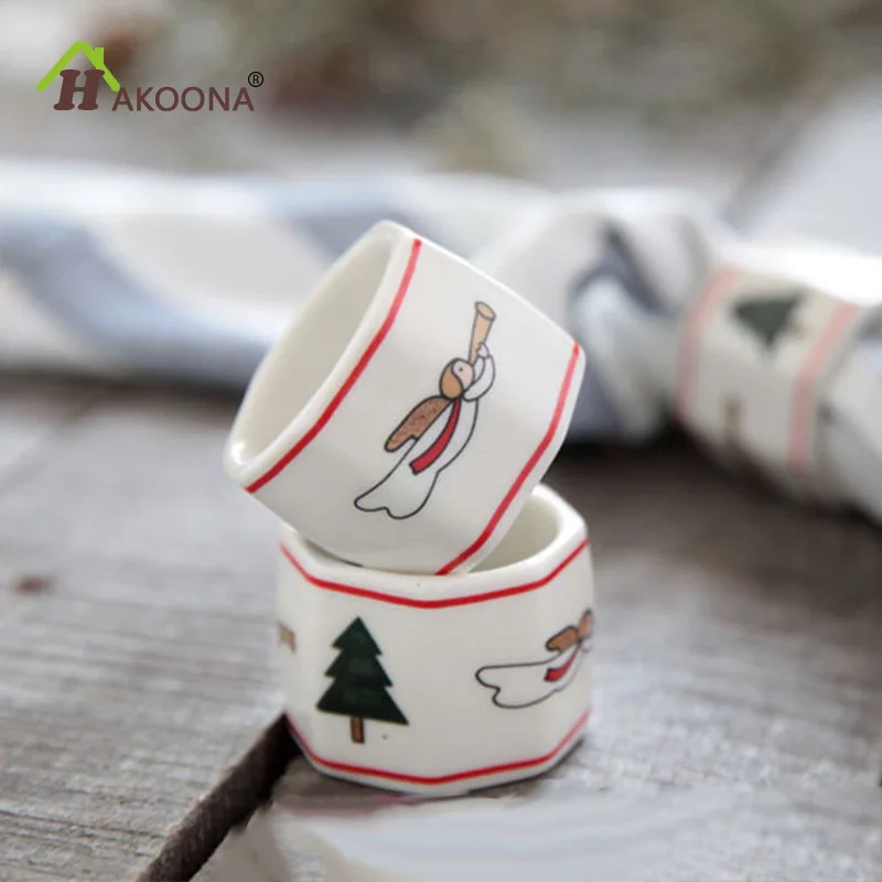 

HAKOONA White Ceramic Christmas Napkin Buckle Rings Home Restaurant Tableware Decoration Practical Western Food Table Buckle