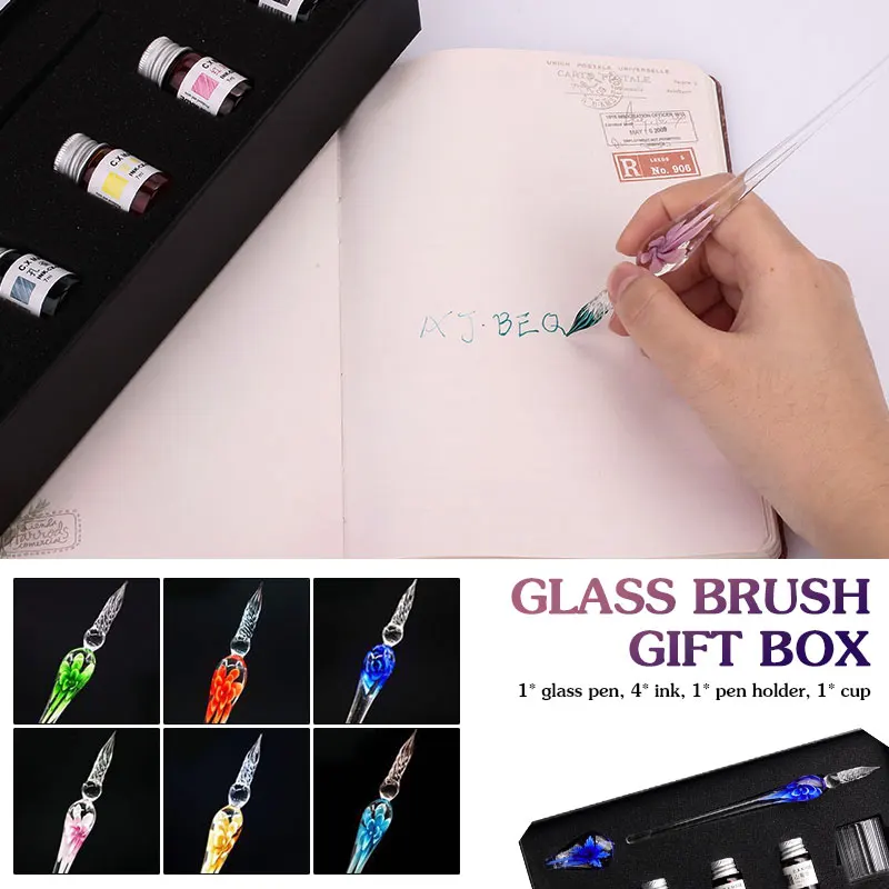 Best High Borosilicate Glass Embedded Flowers School Supplies Glass Signature Pen Creative Vintage Glass Dip Pen Novelty Handmade