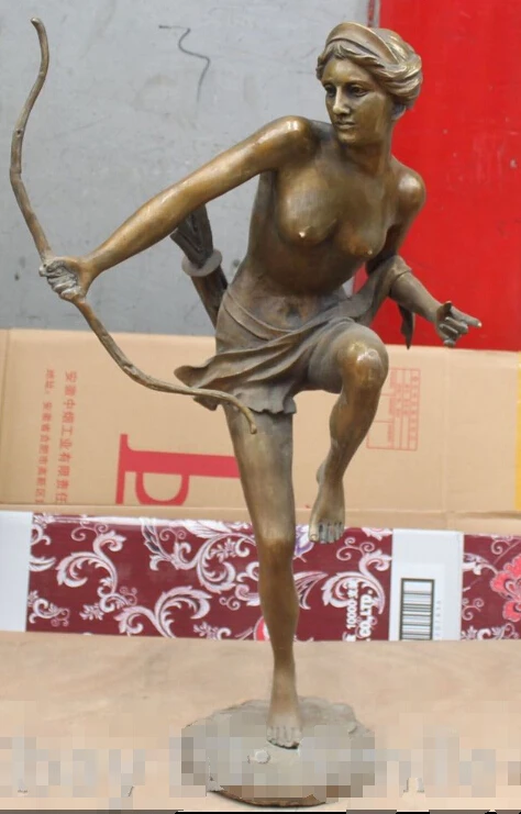 

28"Bronze West Art Stand Women Girl Belle Bowman Bowmen Archers Sculpture Statue