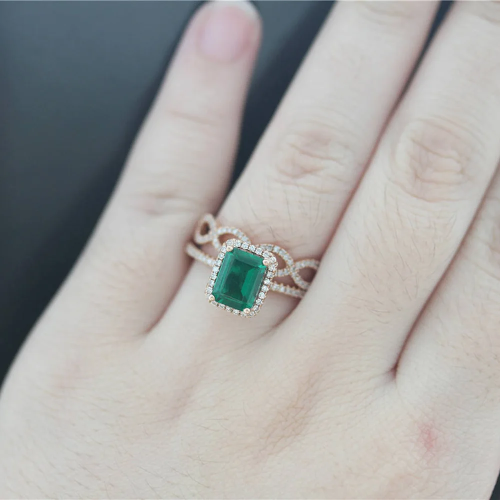 Женское кольцо с изумрудами и бриллиантами розовое золото 14 к 2CTW Moissanite