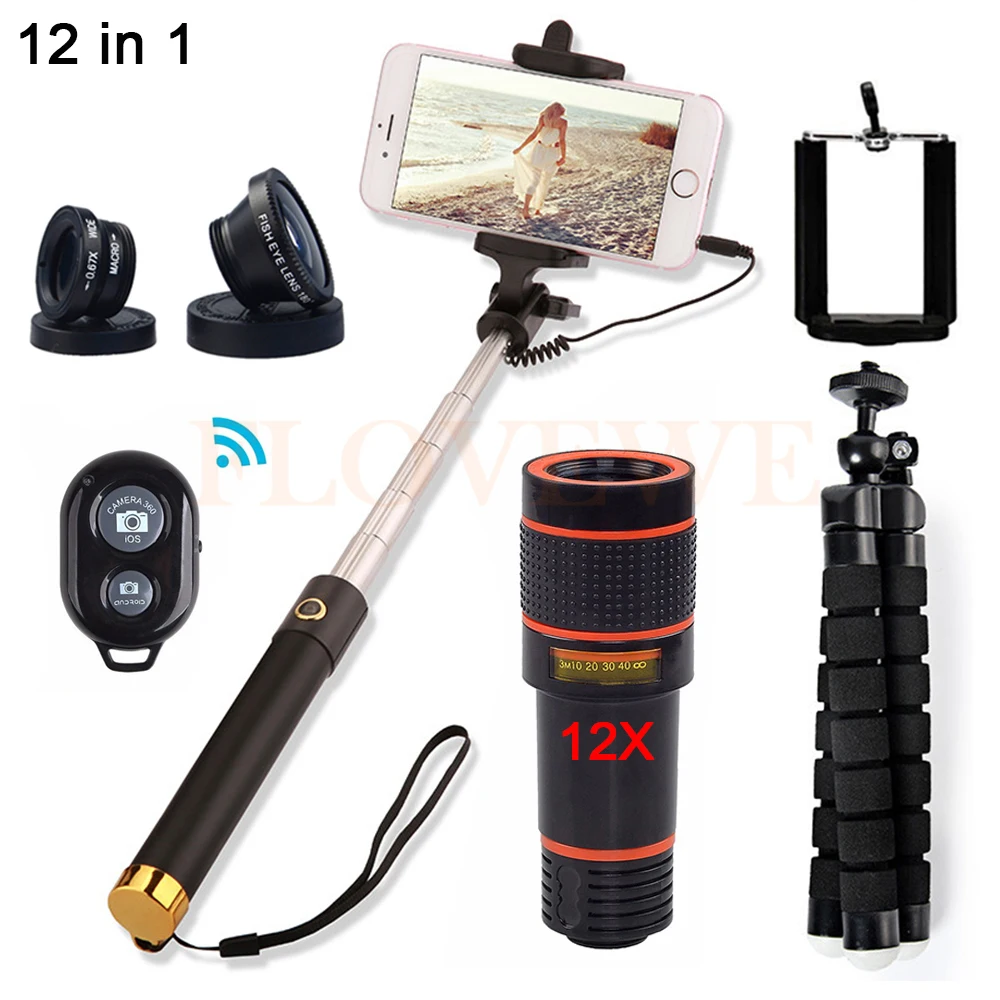 

2017 12X Telescopic lens Kit Telephoto Zoom Lens For iPhone 5 6 s 7 8 Plus Smartphone Fish eye Wide Angle Macro Lentes Telescope
