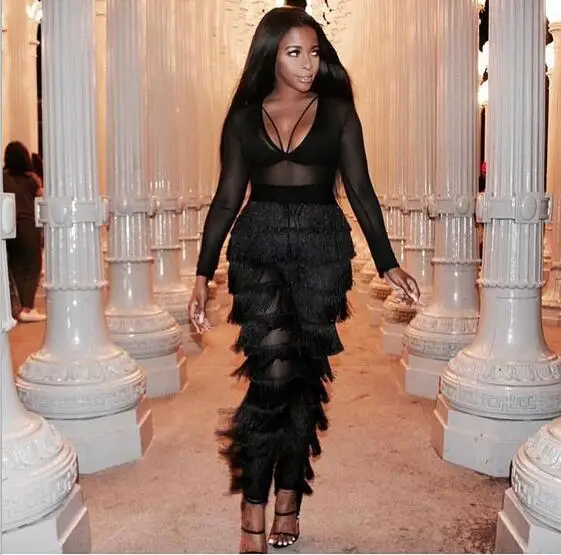 

Hot Selling Women Sexy V Neck Mesh Tassel Black Bandage Jumpsuit 2017 Bodycon Elastic Designer Party Jumpsuit