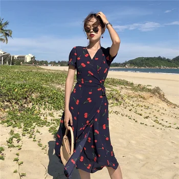 

Women V Neck Short Sleeves Chiffon Bohemian Dresses Summer Print Cherry Dress Beach Knee Length Female Wrap Dress