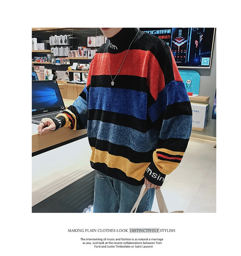 Корейский свитер с высоким воротом, мужской пуловер, уличная одежда, Вязаный рождественский мужской свитер, повседневный полосатый Harajuku Sueter Hombre Rainbow