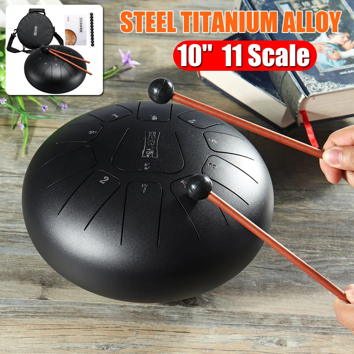 

10" Steel Titanium Alloy Tongue Drum Kit with 11 notes Drumsticks for Beginner Adult Children Enlightenment Instrument