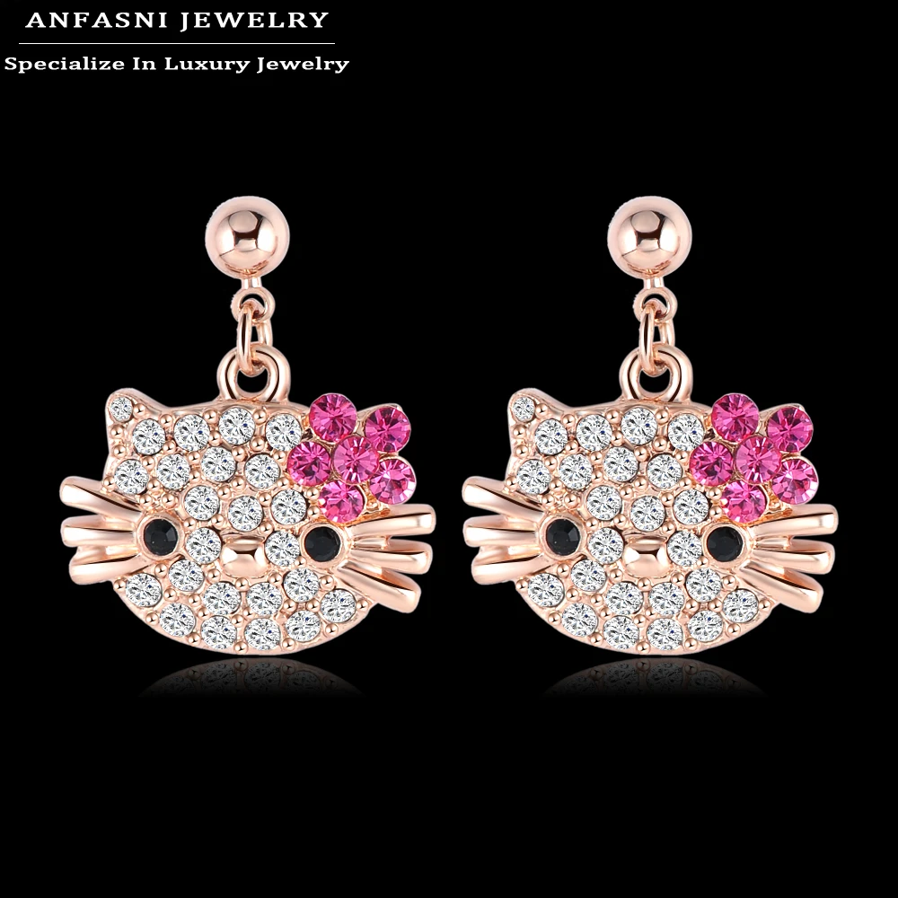 

ANFASNI Christmas Cat Earrings Rose Gold Color Stud Earrings High Quality Genuine SWA Stellux Cute Girl Earrings Jewelry ER0109