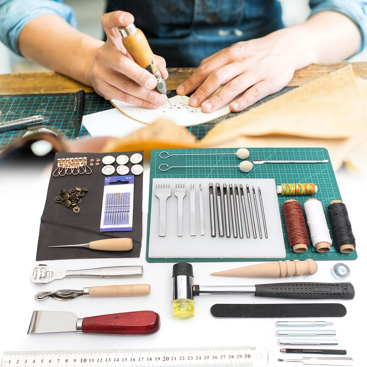 

44x Leather Craft Hand Tools Set Wooden Awl Waxed Thimble Kit Stitching Sewing Stamping Saddle Making Leathercraft For Home DIY